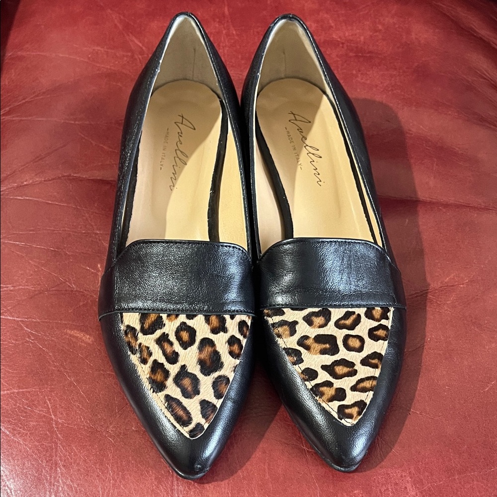 Women's Black Leather Pointed Loafers with Leopard Accent